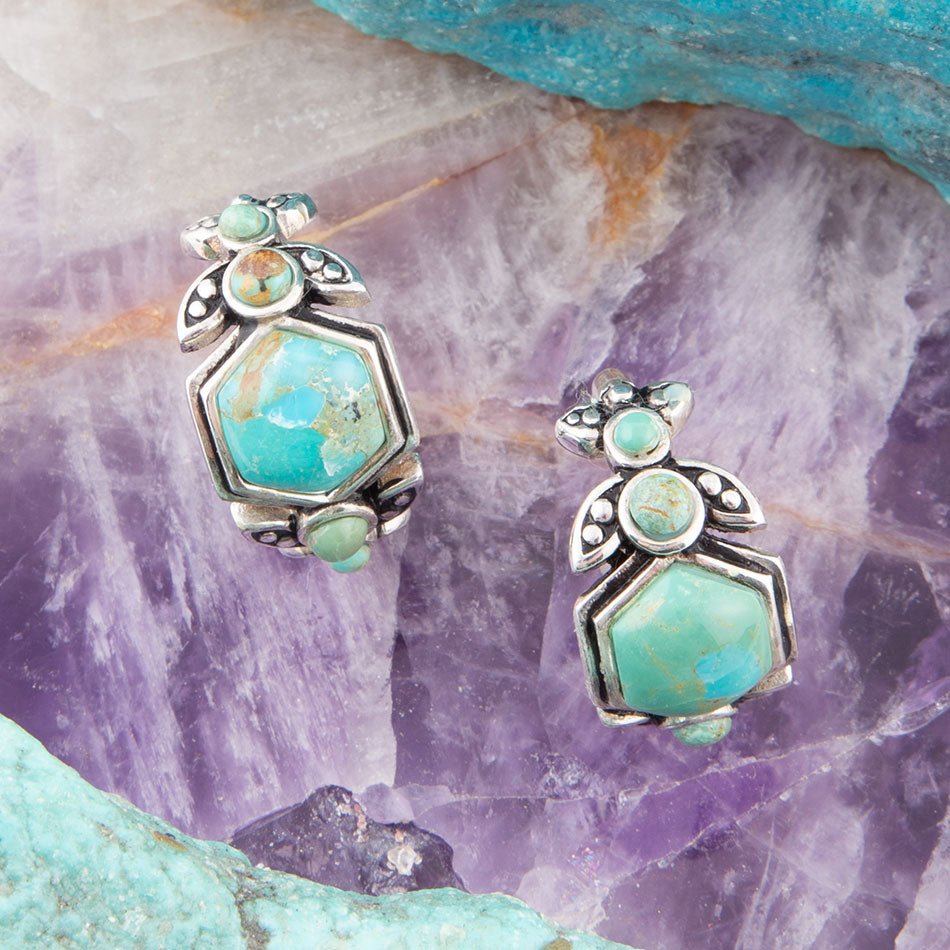 Emile Blue Turquoise Sterling Silver Hoop Earrings detail view by Barse Jewelry