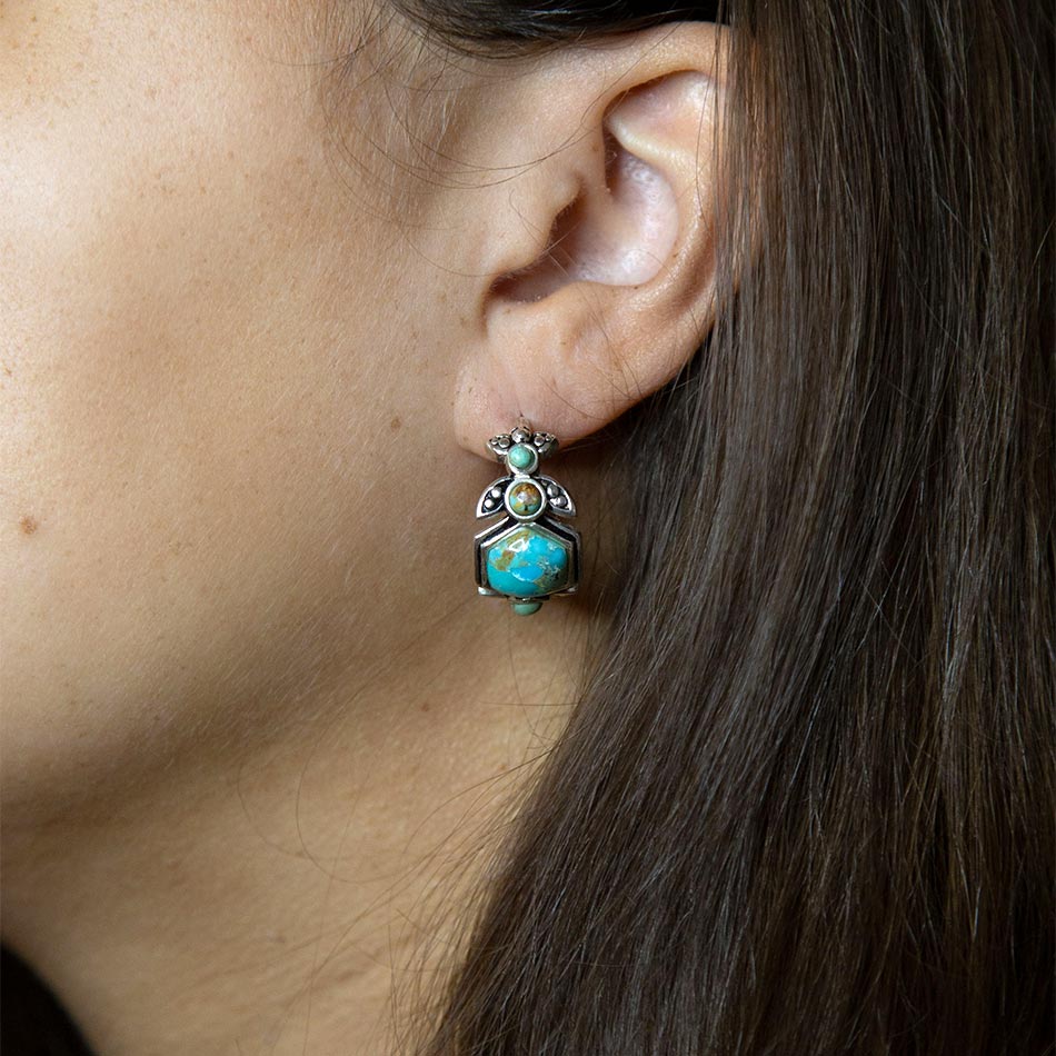 Emile Blue Turquoise Sterling Silver Hoop Earrings detail view by Barse Jewelry