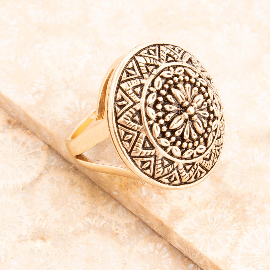 Engraved Golden Bronze Statement Ring detail view by Barse Jewelry