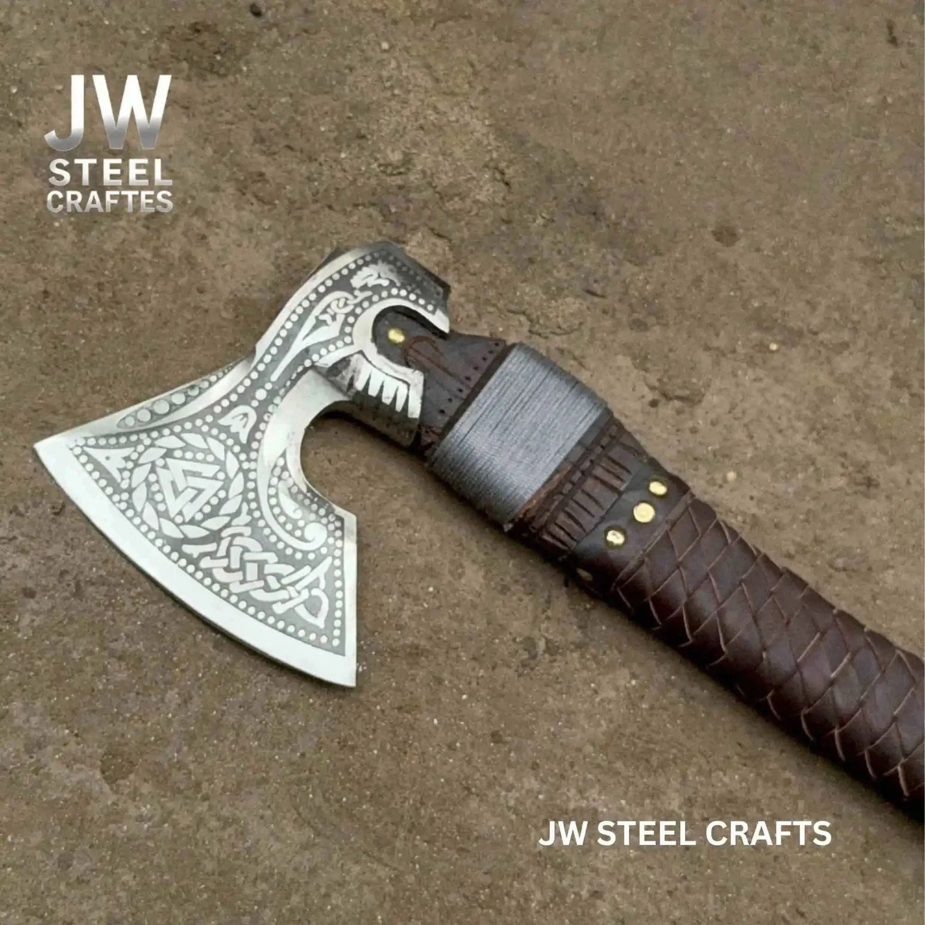 Viking Style Engraved Axe | Handcrafted Leather Wrapped Handle by JW SteelCrafts, handmade axe detail photo 2