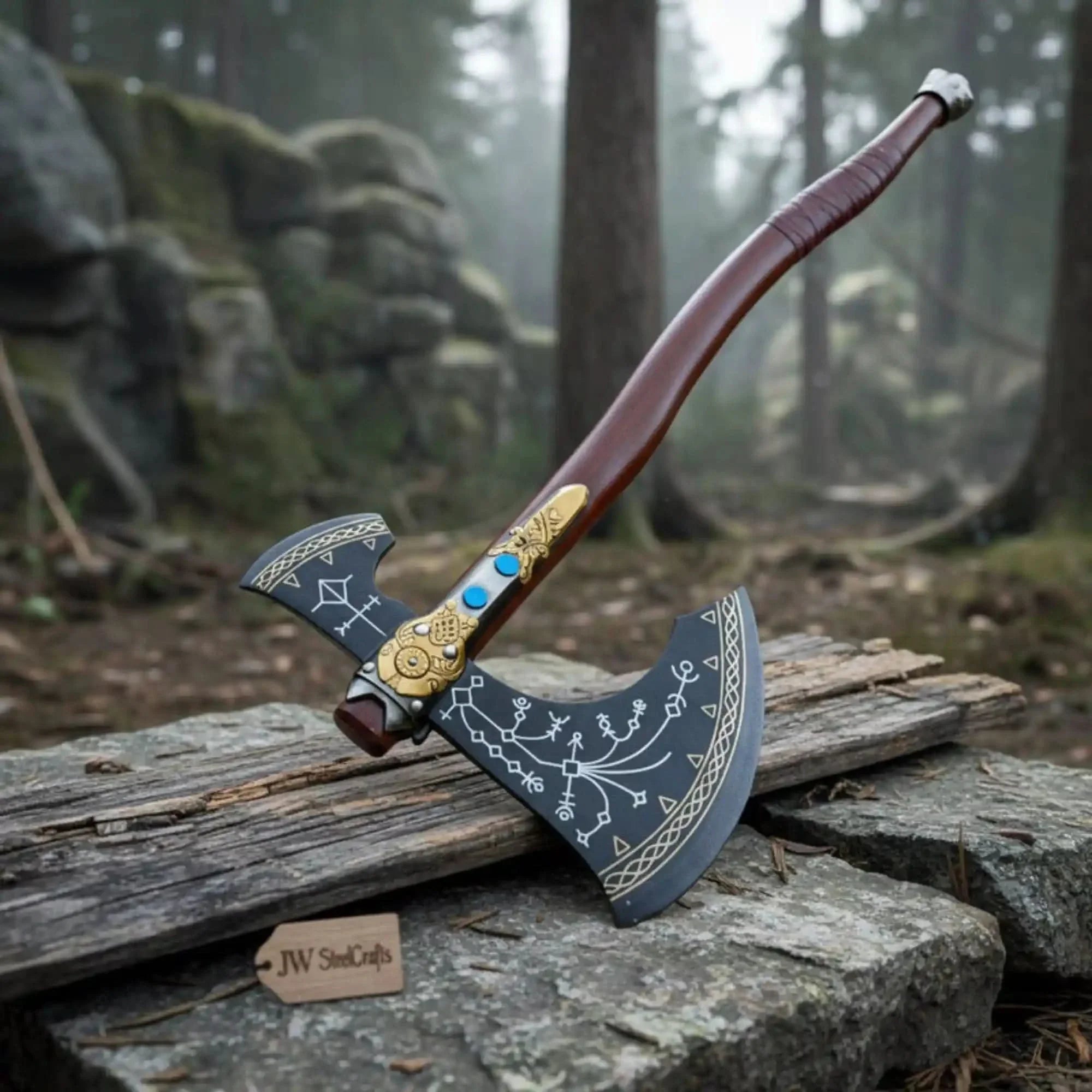 Hand Forged Viking Fantasy Double-Bit Axe with Norse Engraving, Gold Handle Fittings and Blue Gemstone Inlays by JW SteelCrafts, handmade jewelry main product photo