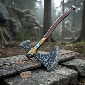 Hand Forged Viking Fantasy Double-Bit Axe with Norse Engraving, Gold Handle Fittings and Blue Gemstone Inlays by JW SteelCrafts, handmade jewelry main product photo