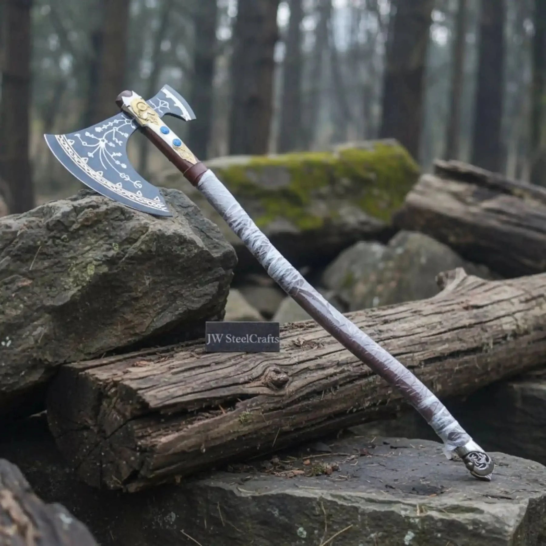 Hand Forged Viking Fantasy Double-Bit Axe with Norse Engraving, Gold Handle Fittings and Blue Gemstone Inlays by JW SteelCrafts, handmade jewelry detail photo 14