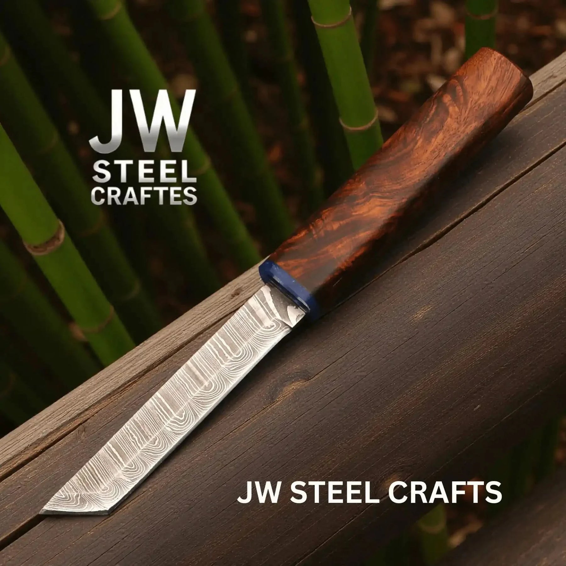 Damascus Utility Knife — 5-Inch Blade, Natural Rosewood Handle, Blue Epoxy Resin Spacer and Interlocking Wood Scabbard by JW SteelCrafts, Damascus knife detail photo 2