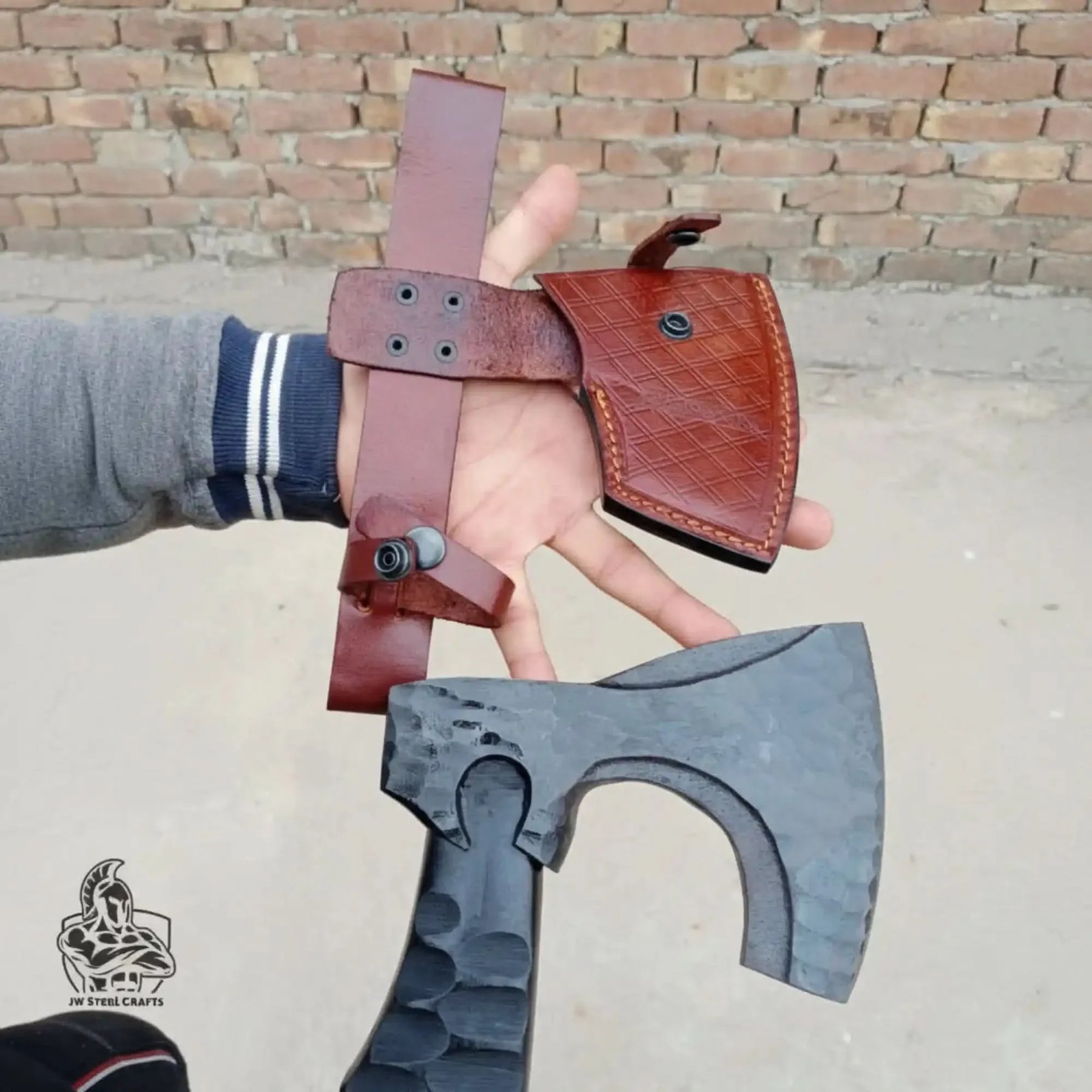 Forged Tool Axe Duo – Textured Steel Heads with Sculpted Hardwood Handles and Leather Sheaths detail view by JW SteelCrafts
