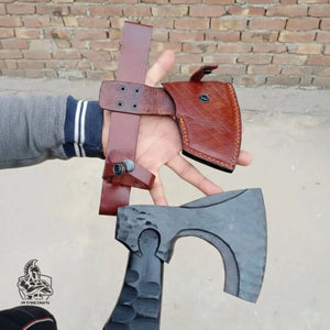 Forged Tool Axe Duo – Textured Steel Heads with Sculpted Hardwood Handles and Leather Sheaths detail view by JW SteelCrafts