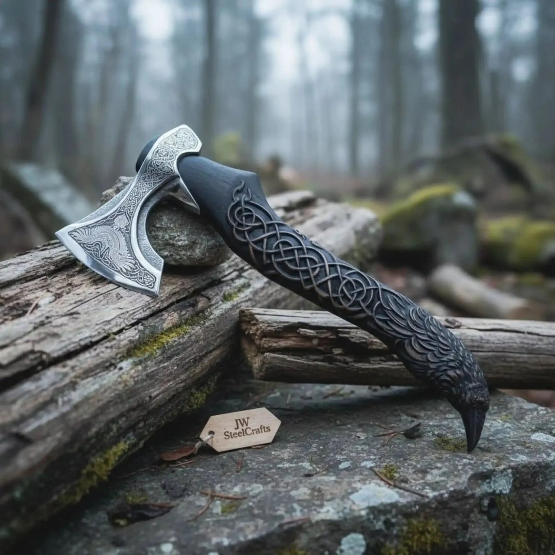 Handcrafted Viking-Style Bearded Axe with Engraved Steel Head and Carved Hardwood Handle by JW SteelCrafts, Southern lifestyle apparel main product photo