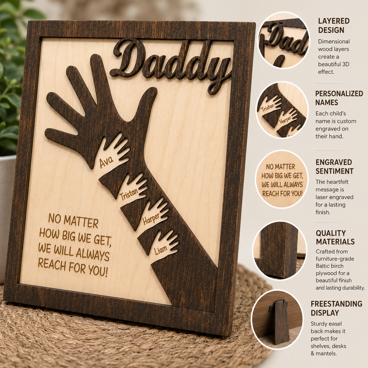Personalized Reach for Daddy Wood Plaque with Children's Name by Poor Hog Customs, Southern home decor detail photo 2