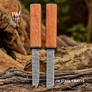 Damascus Utility Knife — 5-Inch Blade, Natural Rosewood Handle, Blue Epoxy Resin Spacer and Interlocking Wood Scabbard by JW SteelCrafts, Damascus knife detail photo 3