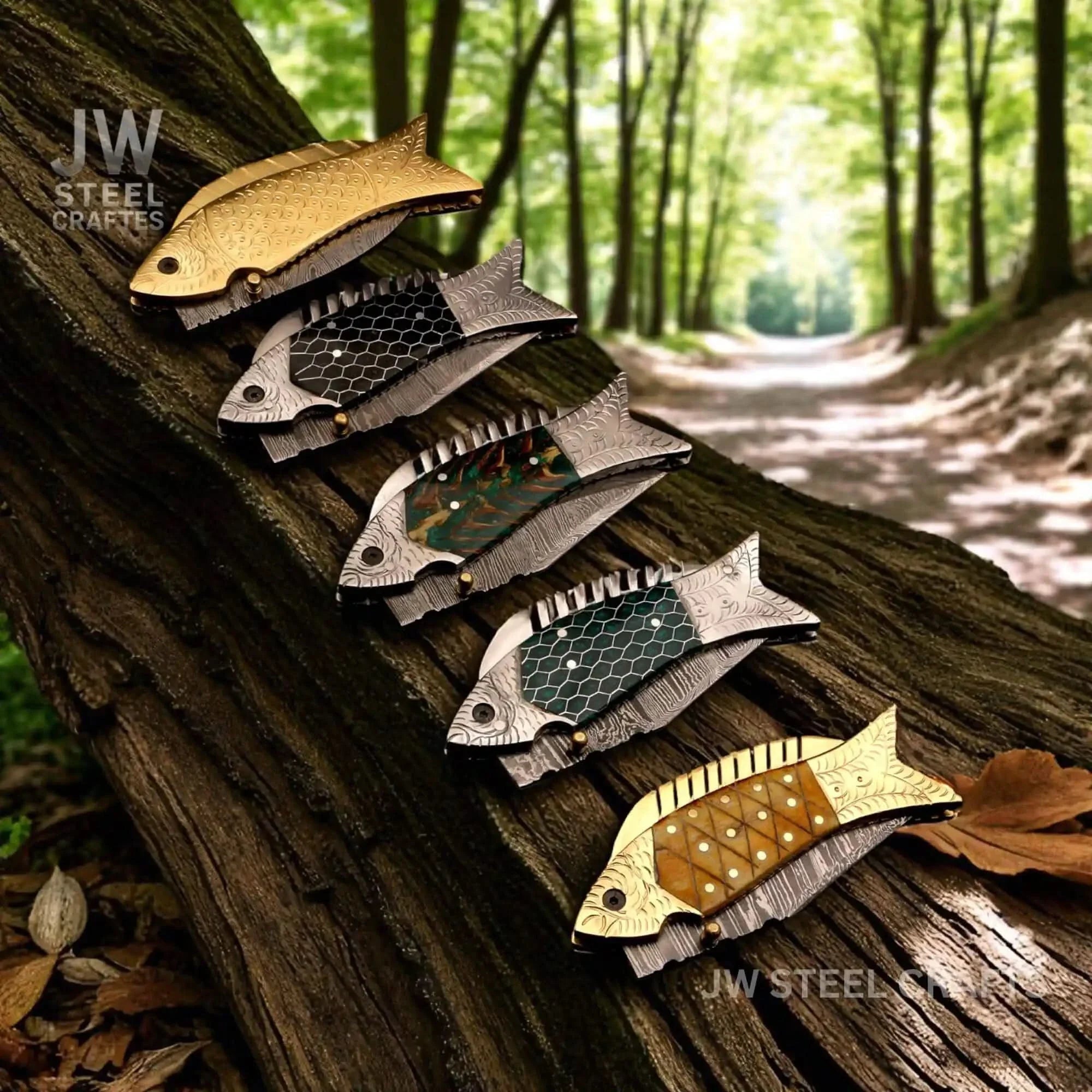Fish-Style Damascus Folding Knife | 5 Color Variants | Hand-Engraved Collectible by JW SteelCrafts, Damascus knife main product photo