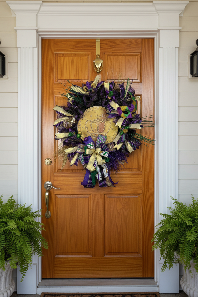 Mardi Gras Wreath, Purple Green Gold Door Decor, Fleur De Lis Mask Accent detail view by Bouge Creations