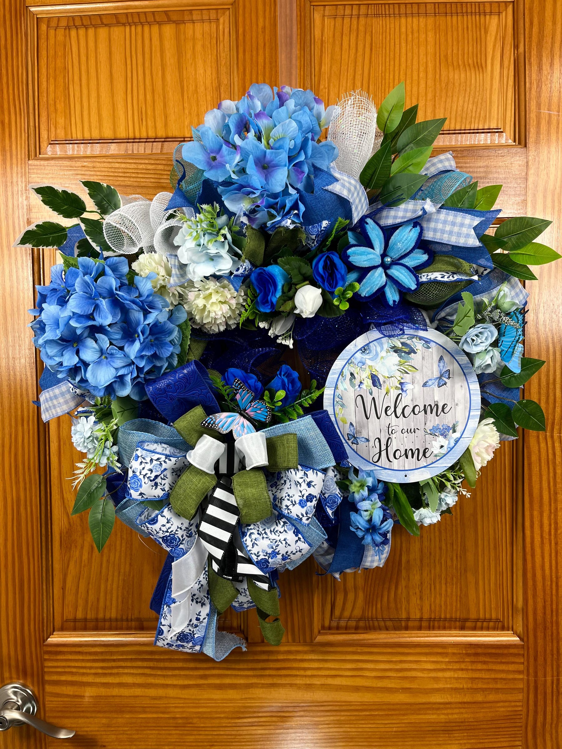 Blue Hydrangea Welcome Wreath | Front Door Decor by Bouge Creations, view 10