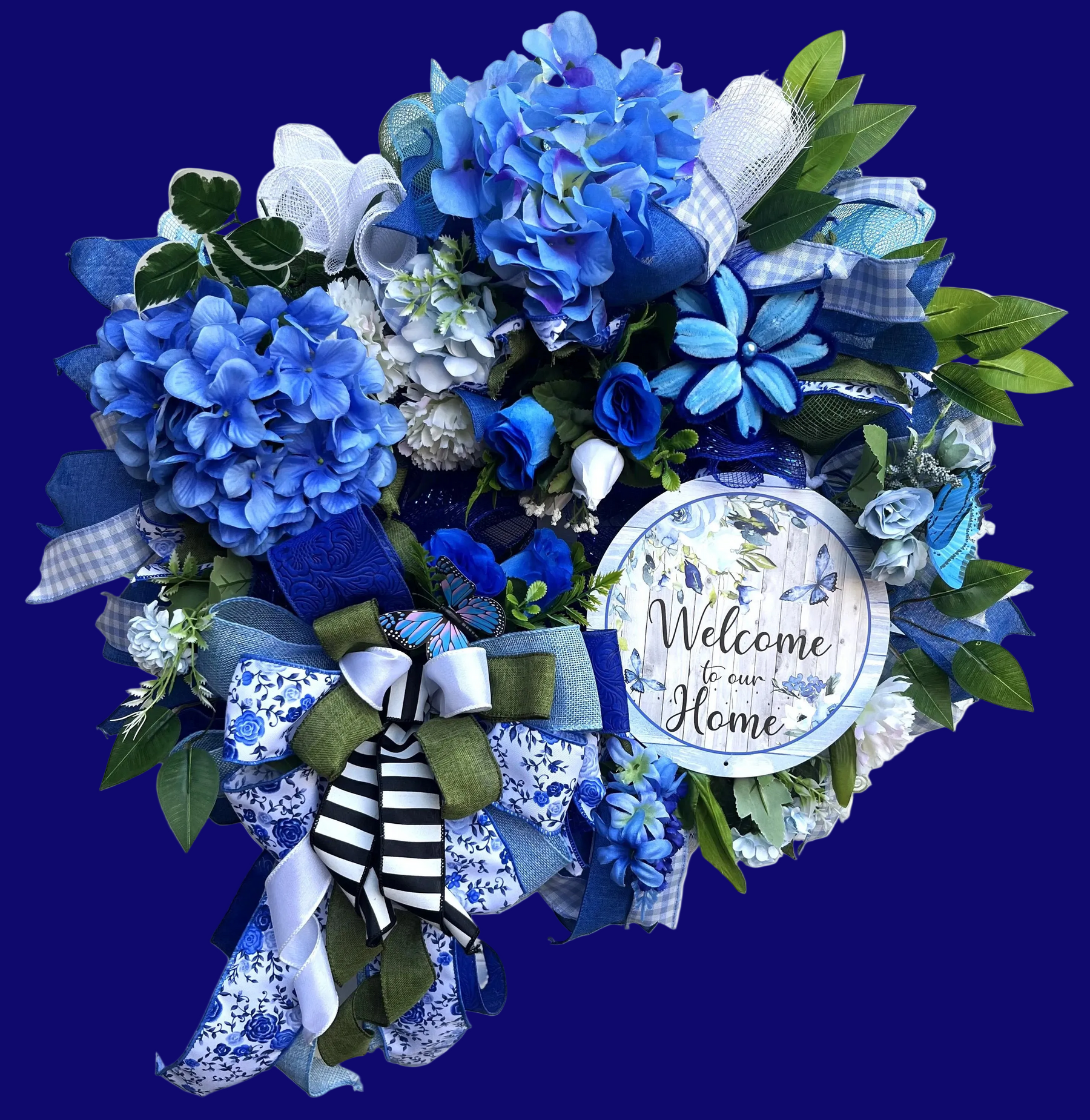 Blue Hydrangea Welcome Home Wreath | Blue White Ribbon Front Door Decor detail view by Bouge Creations