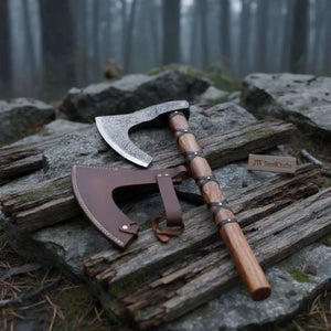 Handmade Damascus Skeggøx Bearded Axe with Leather Wrap and Sheath by JW SteelCrafts, leather knife sheath detail photo 3