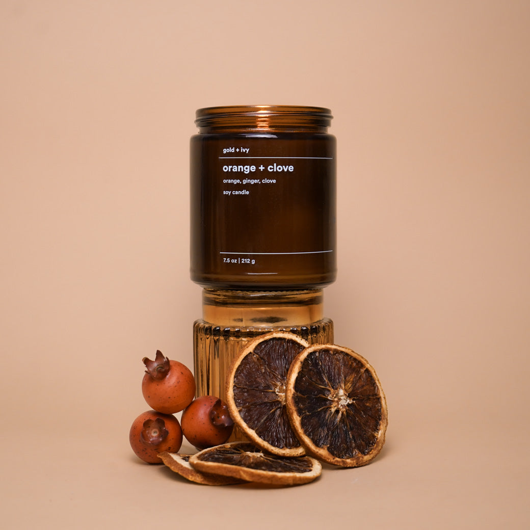 Orange + clove by gold + ivy, scented candle detail photo 4