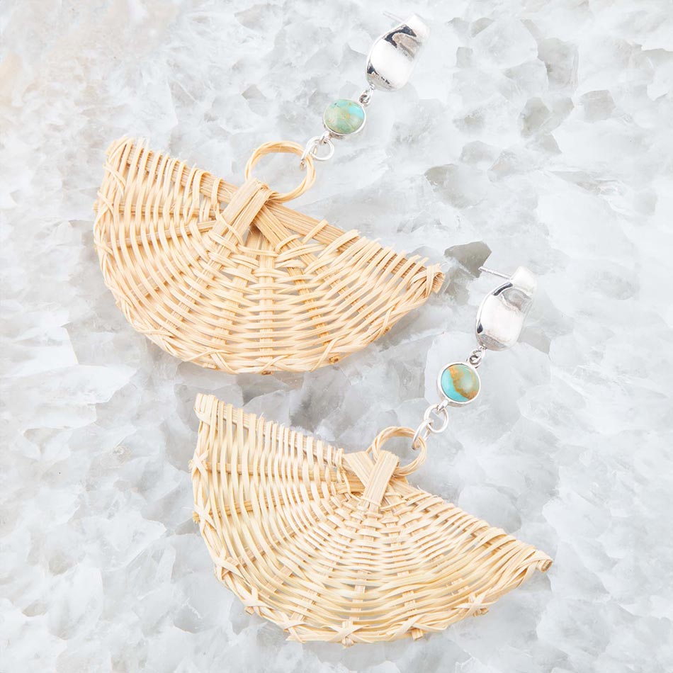 Fan of Rattan Blue Turquoise and Sterling Silver Earrings detail view by Barse Jewelry