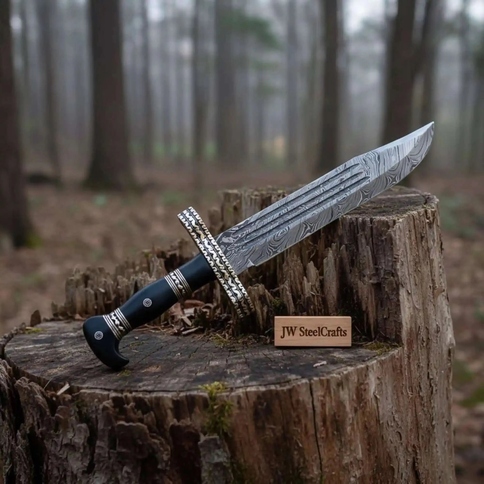 Handmade Coffin Handle Bowie Knife Hand-Engraved Damascus Steel by JW SteelCrafts, Damascus knife main product photo