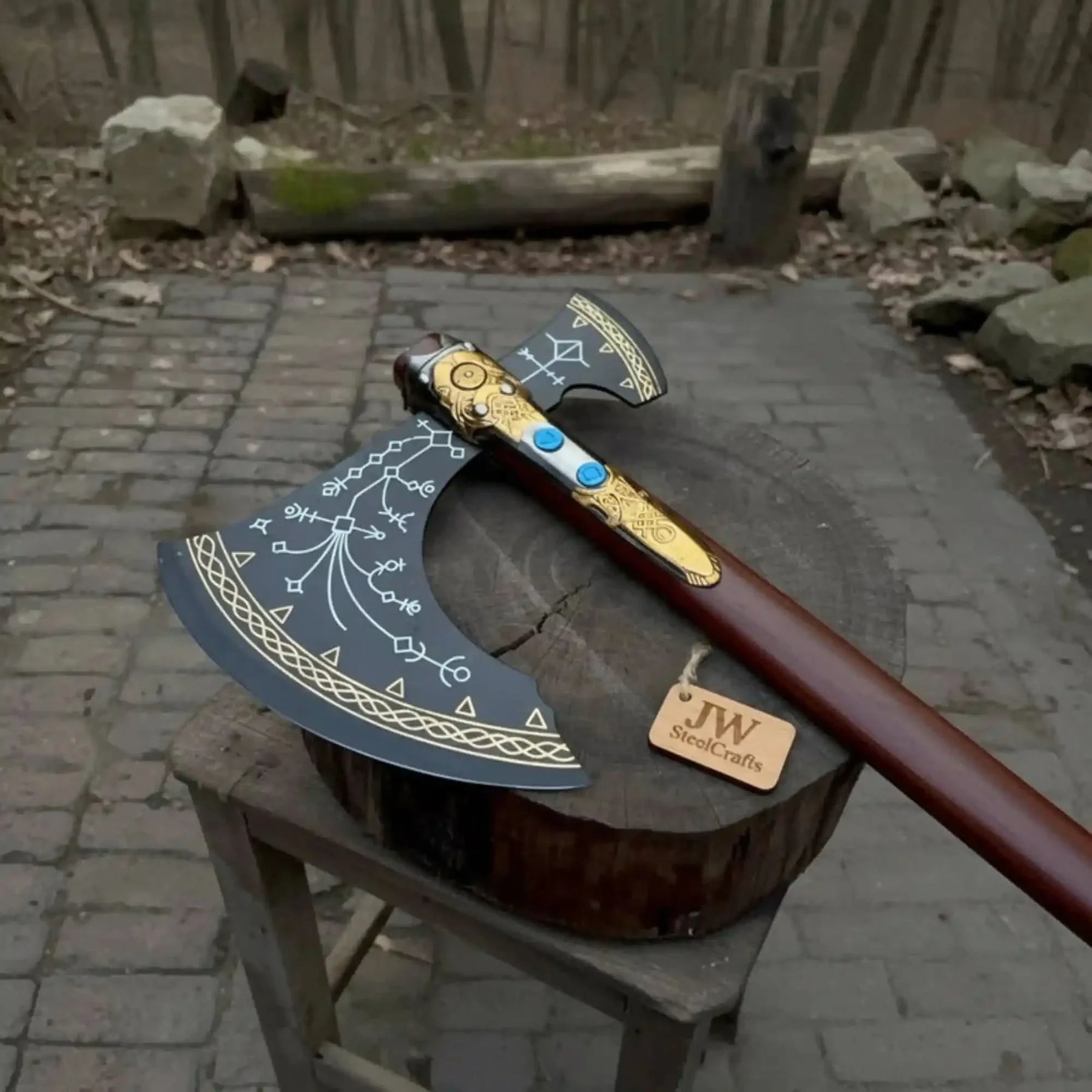 Hand Forged Viking Fantasy Double-Bit Axe with Norse Engraving, Gold Handle Fittings and Blue Gemstone Inlays by JW SteelCrafts, handmade jewelry detail photo 6