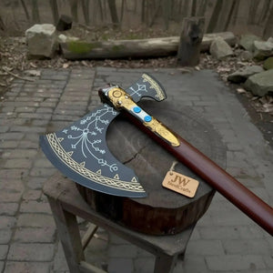 Hand Forged Viking Fantasy Double-Bit Axe with Norse Engraving, Gold Handle Fittings and Blue Gemstone Inlays by JW SteelCrafts, handmade jewelry detail photo 6