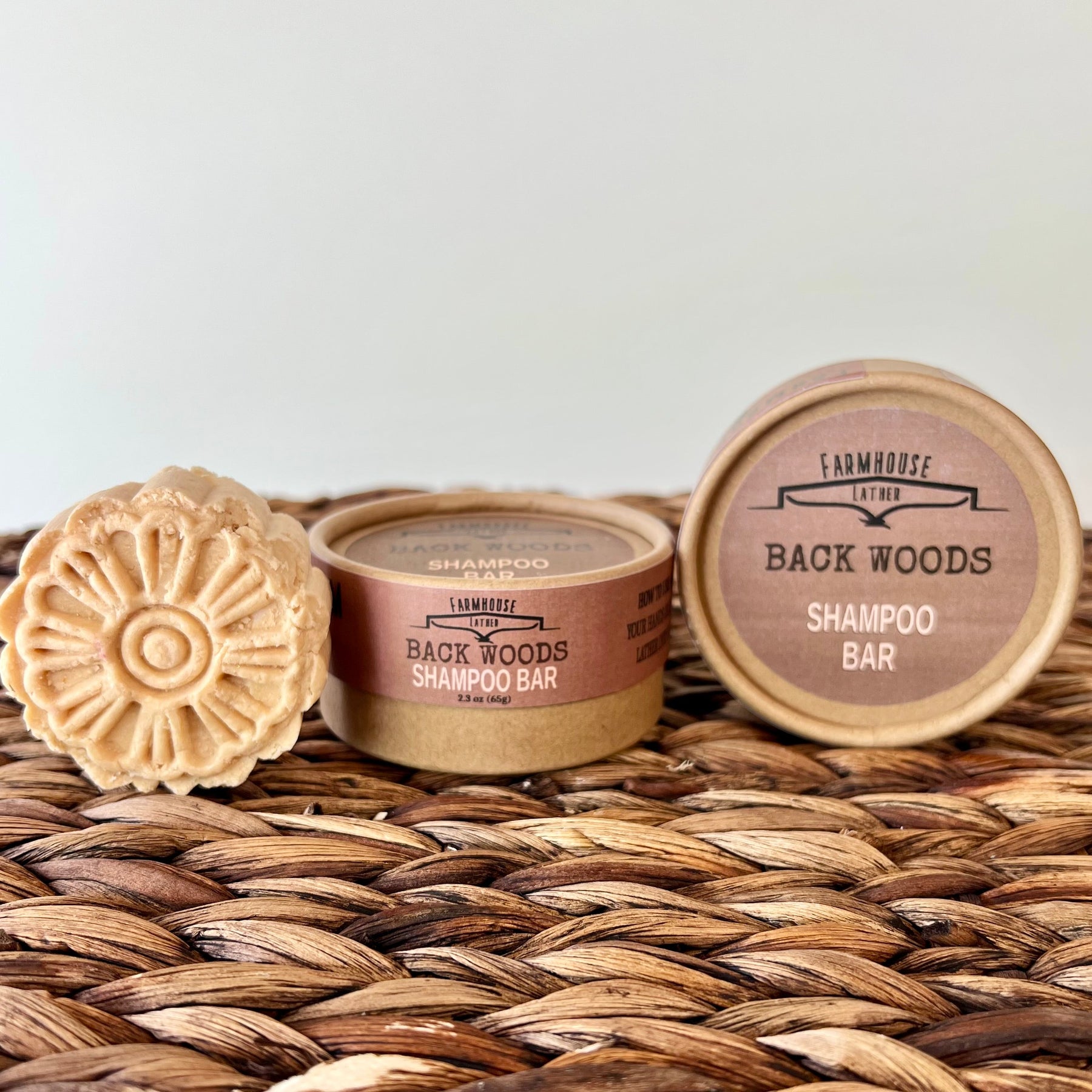 Farmhouse Lather Back Woods tan shampoo bar product photo for gentle bottle free hair care
