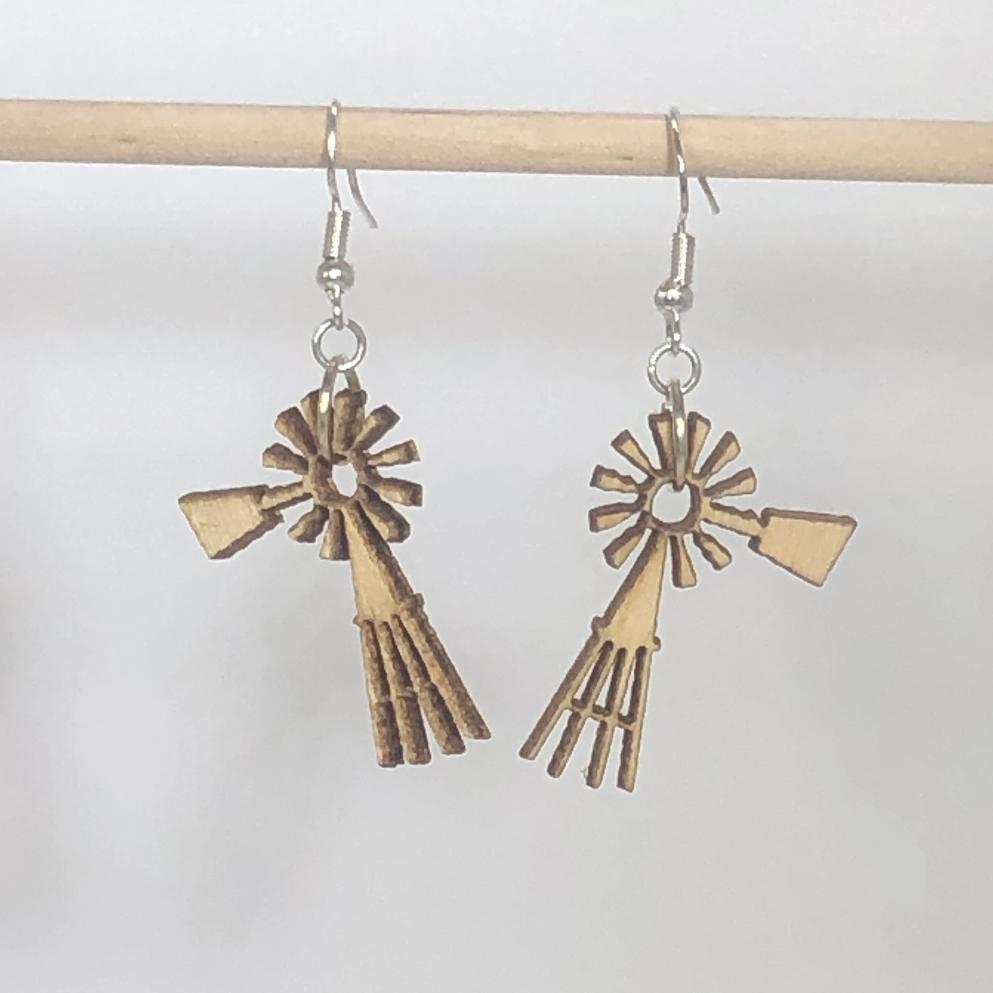 Prairie Windmill Wooden Dangle Earrings | Farm Country Jewelry detail view by Cate's Concepts, LLC