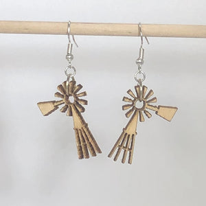 Prairie Windmill Wooden Dangle Earrings | Farm Country Jewelry detail view by Cate's Concepts, LLC