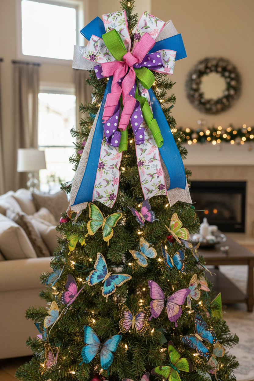 Hummingbird Floral Ribbon Bow | Spring Wreath Door Decor detail view by Bouge Creations