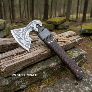 Viking Style Engraved Axe | Handcrafted Leather Wrapped Handle by JW SteelCrafts, handmade axe detail photo 15