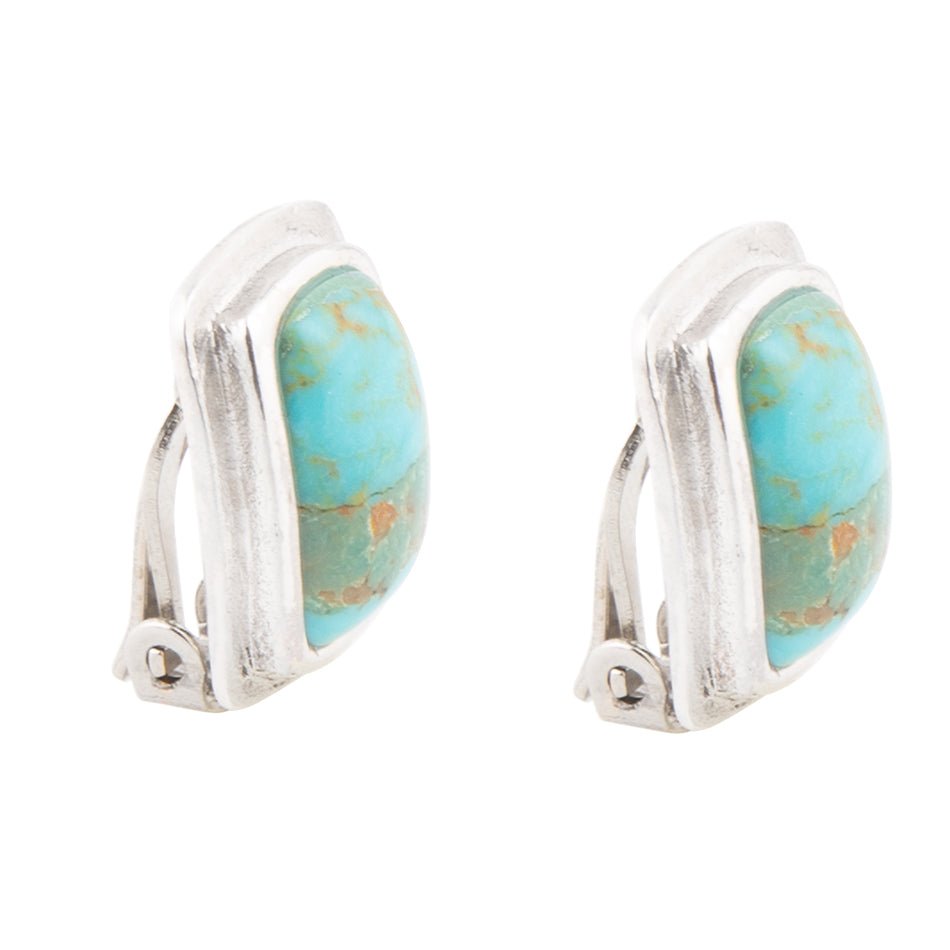 Fiji Isles Blue Turquoise Sterling Silver Clip Earrings detail view by Barse Jewelry