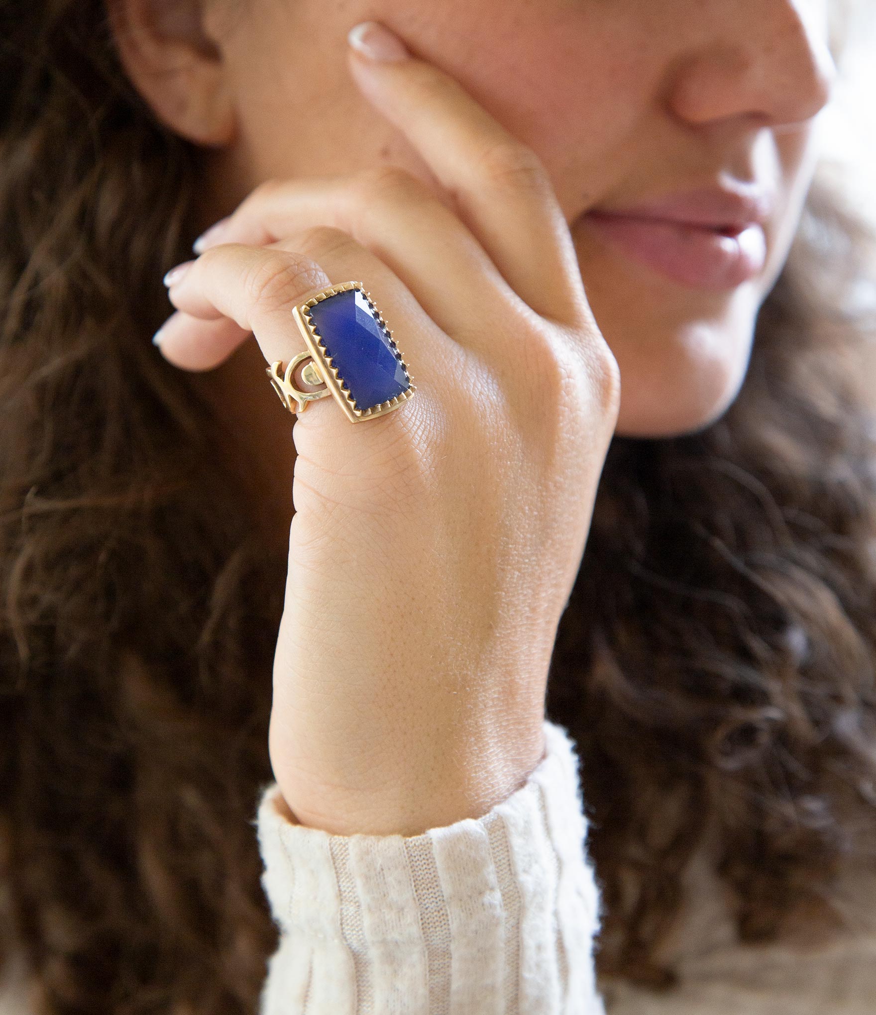 Filigreed Blue Agate Golden Statement Ring detail view by Barse Jewelry
