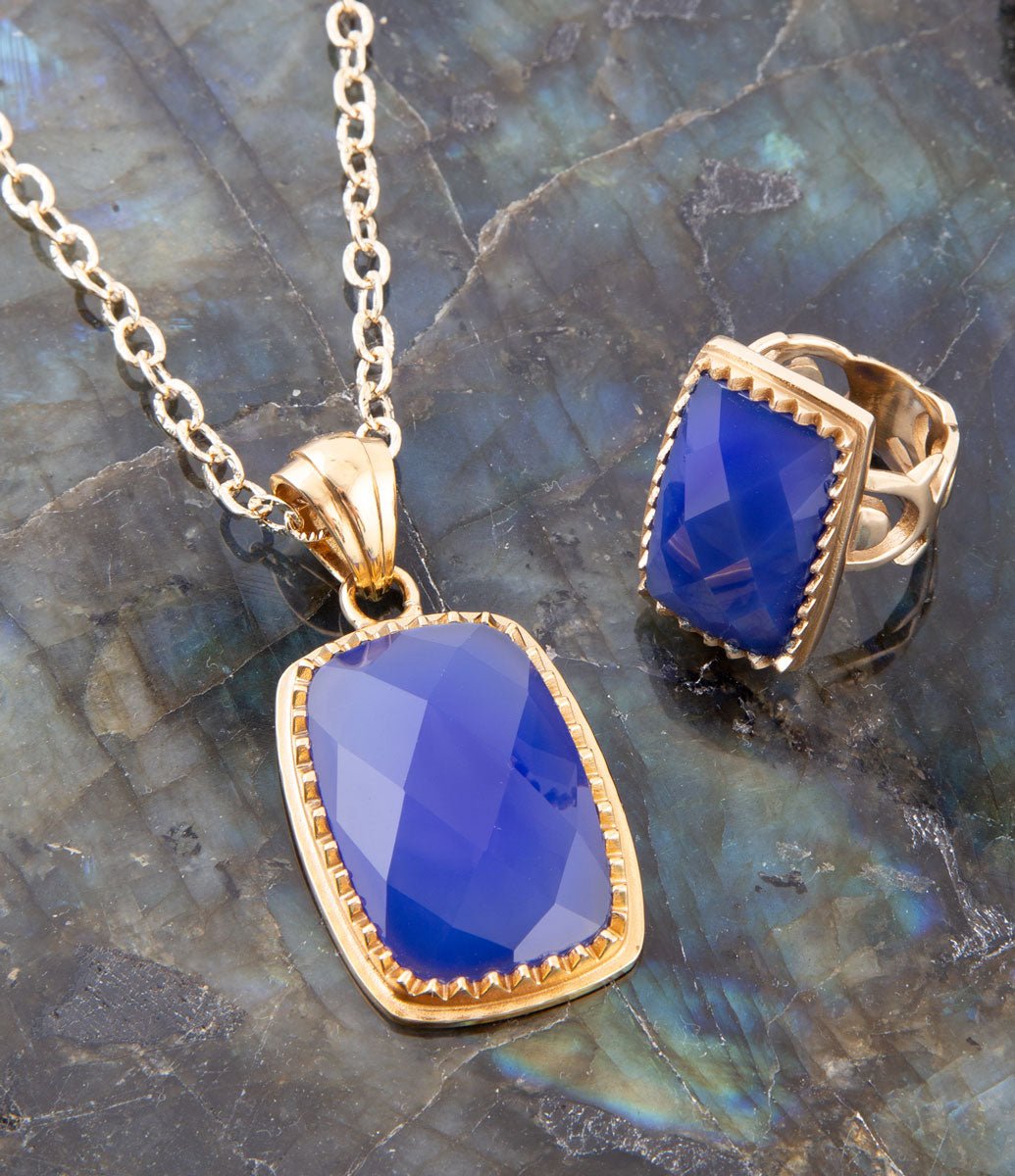 Filigreed Blue Agate Golden Statement Ring detail view by Barse Jewelry