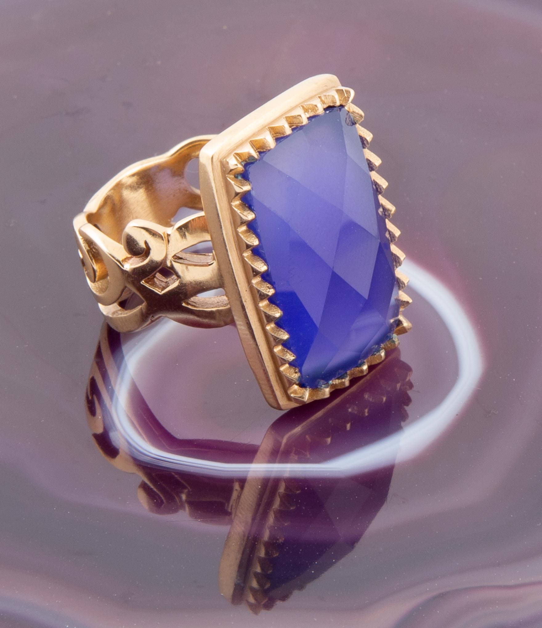 Filigreed Blue Agate Golden Statement Ring detail view by Barse Jewelry