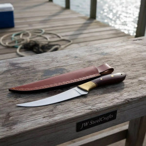 Handmade Full Tang Fillet Knife, 11 inch, Curved Blade, Rosewood Handle by JW SteelCrafts, Damascus knife main product photo