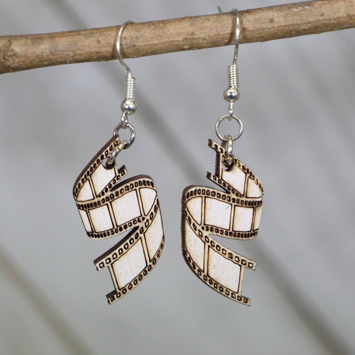 Film Strip Wooden Dangle Earrings | Movie Lover Jewelry detail view by Cate's Concepts, LLC