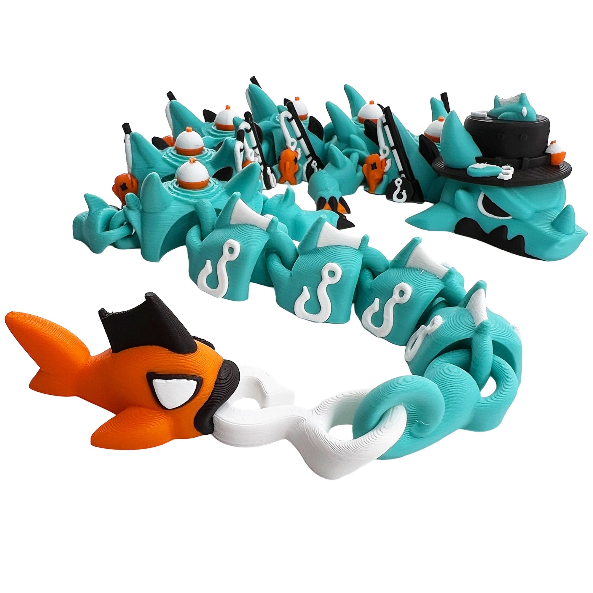 Articulated 3D printed fishing dragon in teal, orange, black, and white with fishing gear details