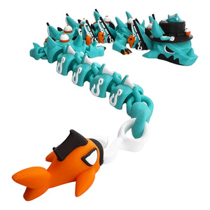 Articulated fishing dragon with orange fish tail, bobbers, fishing rods, hooks, and shark fins
