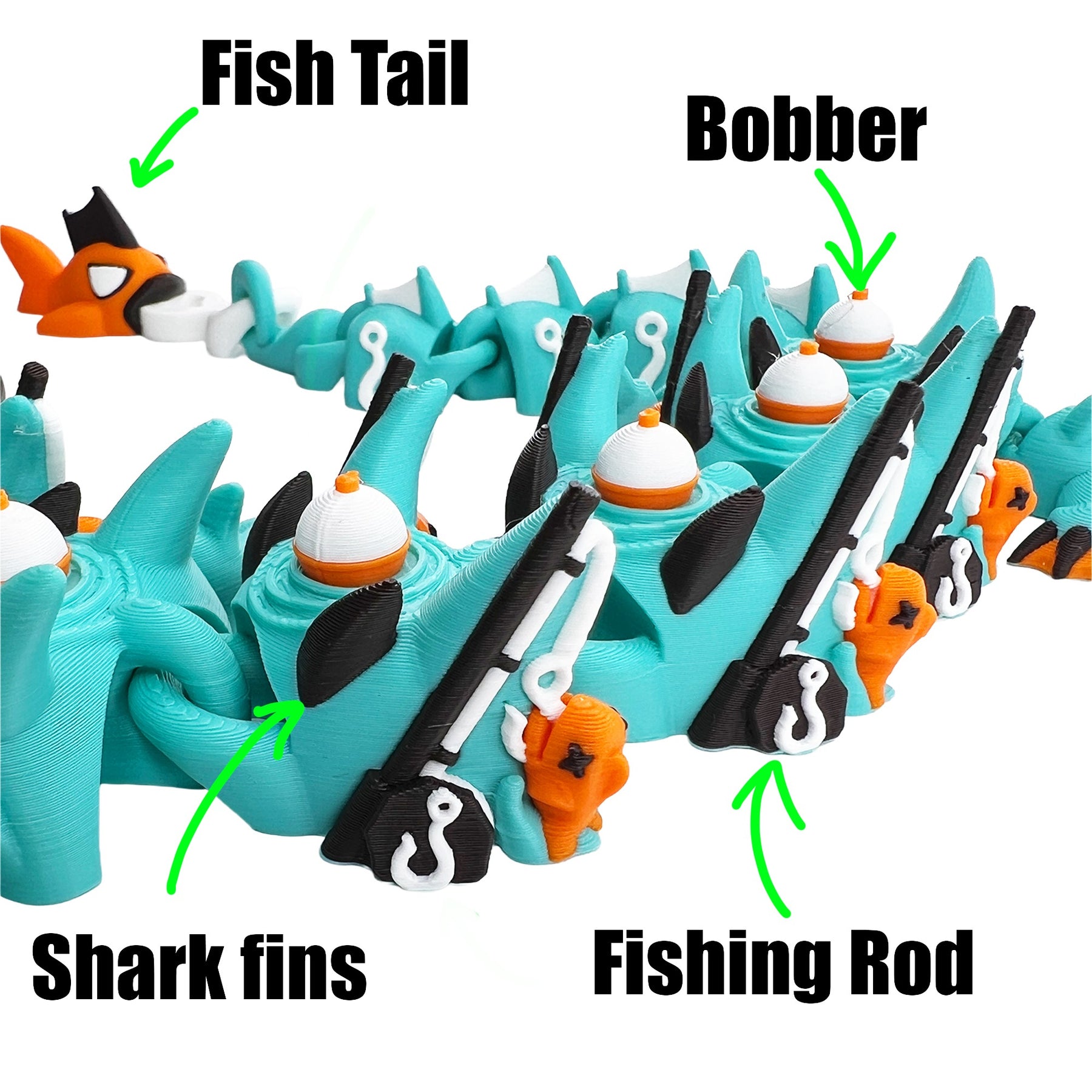 Close-up of fishing dragon details including fish tail, bobbers, shark fins, fishing rods, and hooks