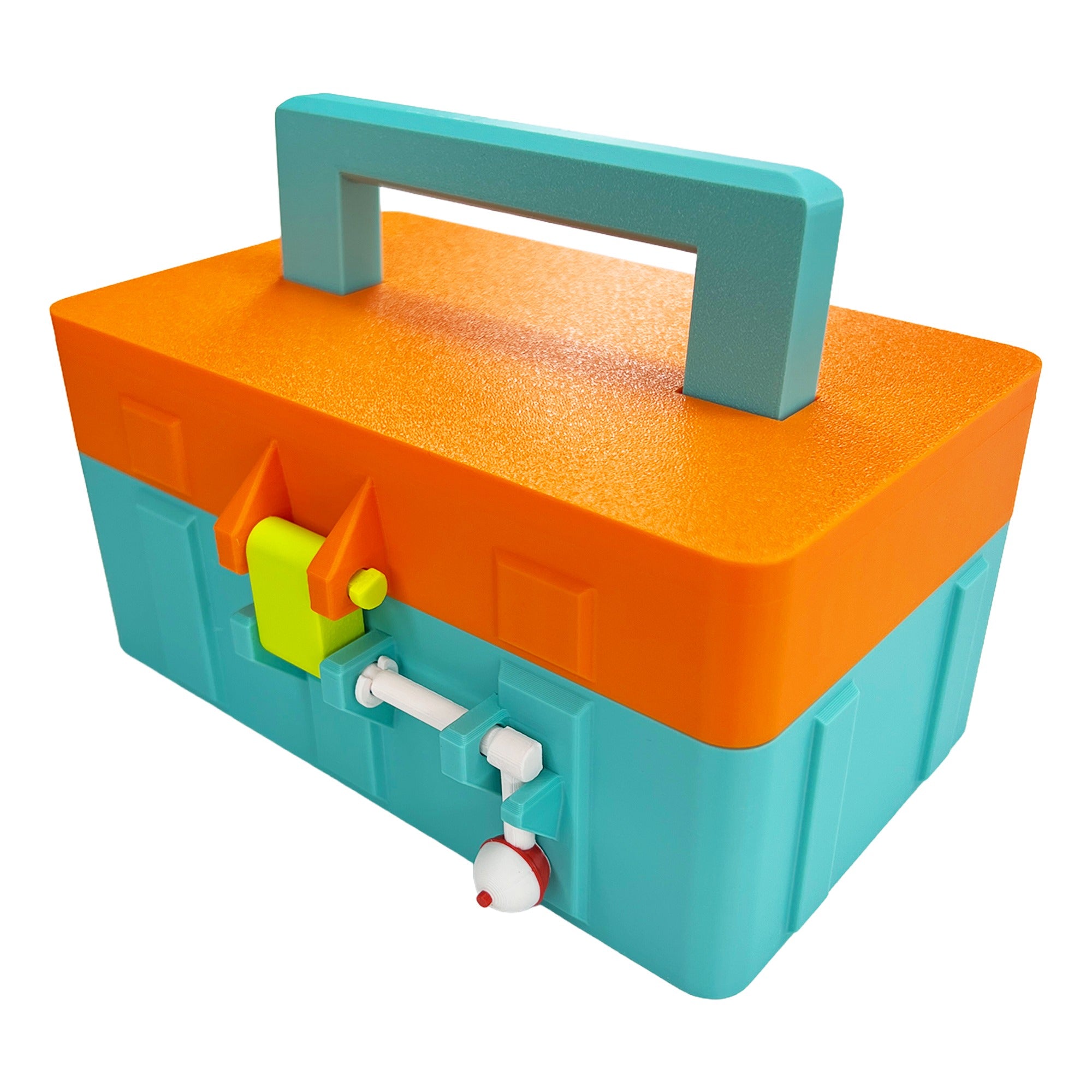 3D printed fishing tackle box in teal and orange with handle, latch, and bobber-shaped key