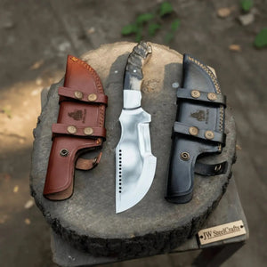 Handmade Carbon Steel Tracker Knife – Ram Horn or Wendi Wood Handle | Heavy Duty Hunting & Camping Knife | JW SteelCrafts by JW SteelCrafts, Damascus knife detail photo 3