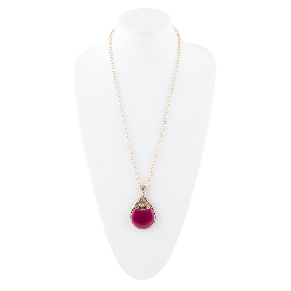 Flamenco Pink Magenta Agate Golden Pendant Necklace detail view by Barse Jewelry