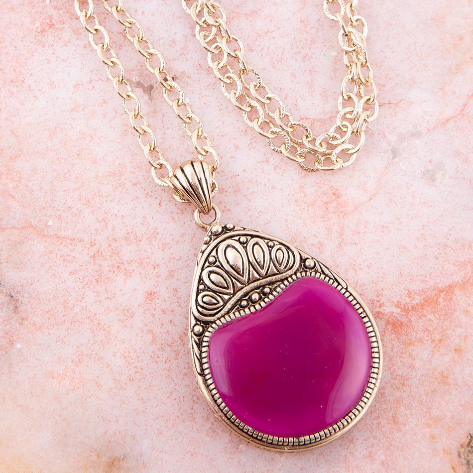 Flamenco Pink Magenta Agate Golden Pendant Necklace detail view by Barse Jewelry