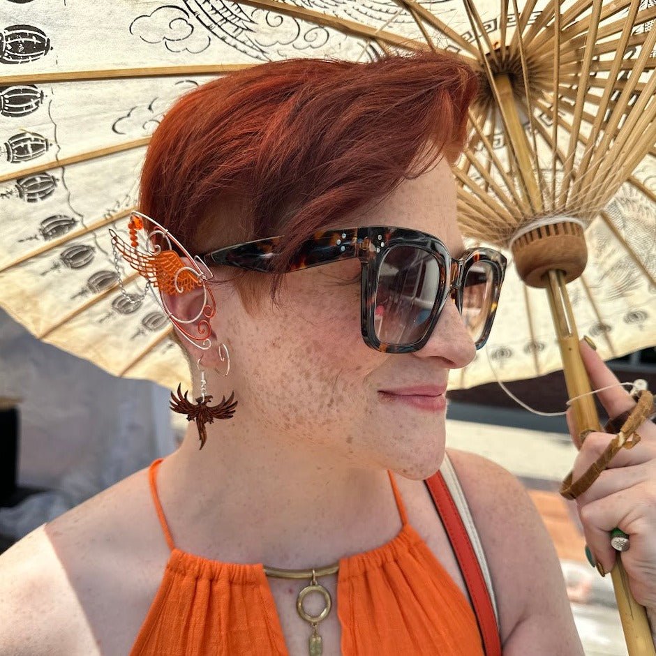 Flaming Phoenix Wooden Dangle Earrings | Mythical Fire Bird Jewelry detail view by Cate's Concepts, LLC