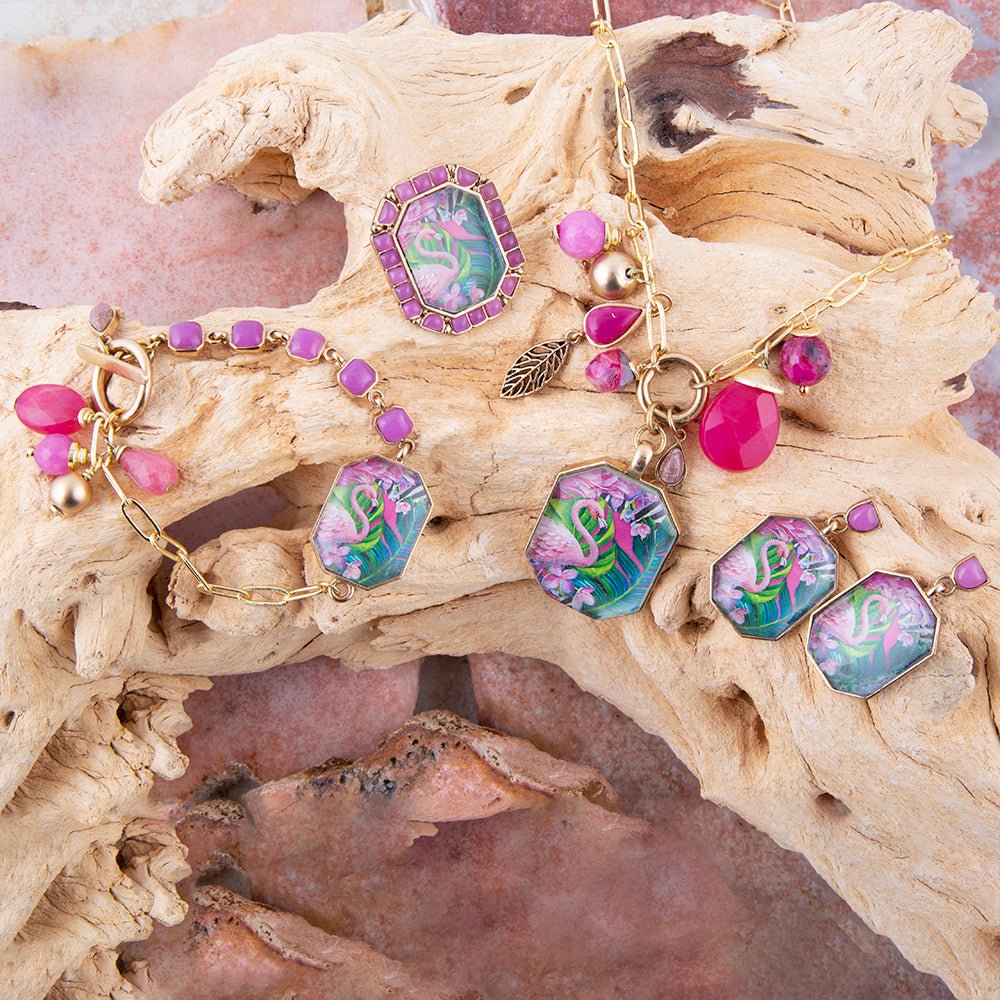Flamingo Pink Agate Golden Statement Ring detail view by Barse Jewelry