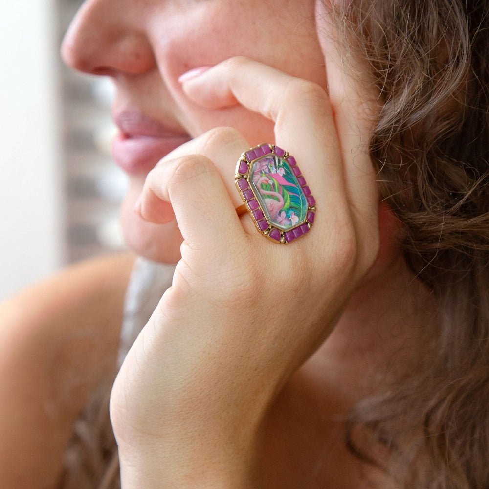 Flamingo Pink Agate Golden Statement Ring detail view by Barse Jewelry