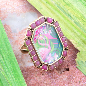 Flamingo Pink Agate Golden Statement Ring detail view by Barse Jewelry