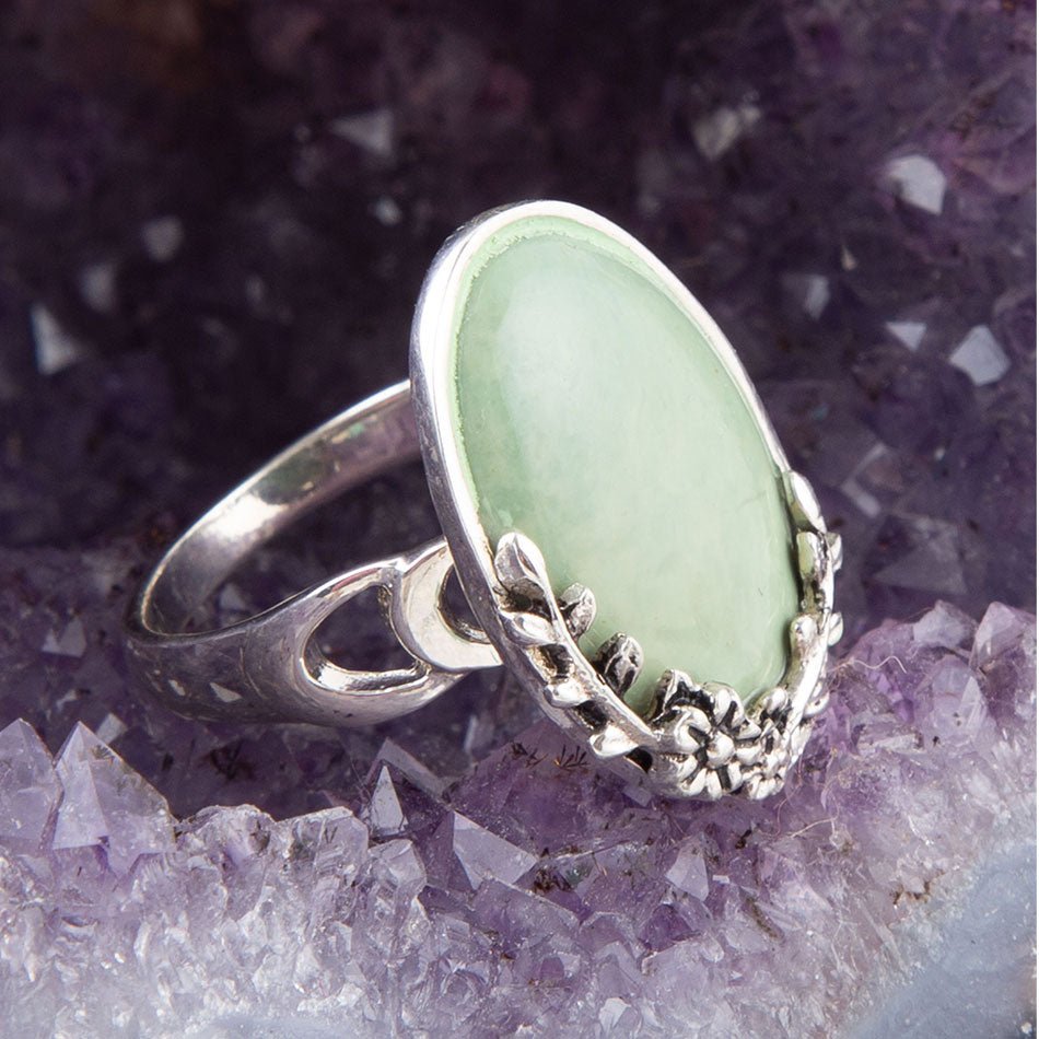 Floral Green Turquoise and Sterling Silver Ring detail view by Barse Jewelry