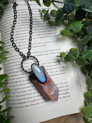 Flower Agate and Moonstone Statement Necklace detail view by Copper Ashes
