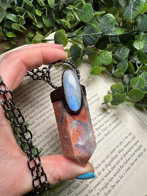 Flower Agate and Moonstone Statement Necklace detail view by Copper Ashes
