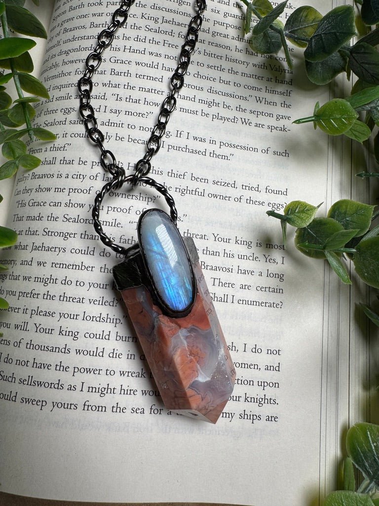 Flower Agate and Moonstone Statement Necklace detail view by Copper Ashes