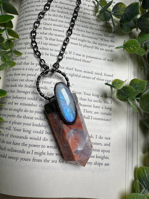Flower Agate and Moonstone Statement Necklace detail view by Copper Ashes